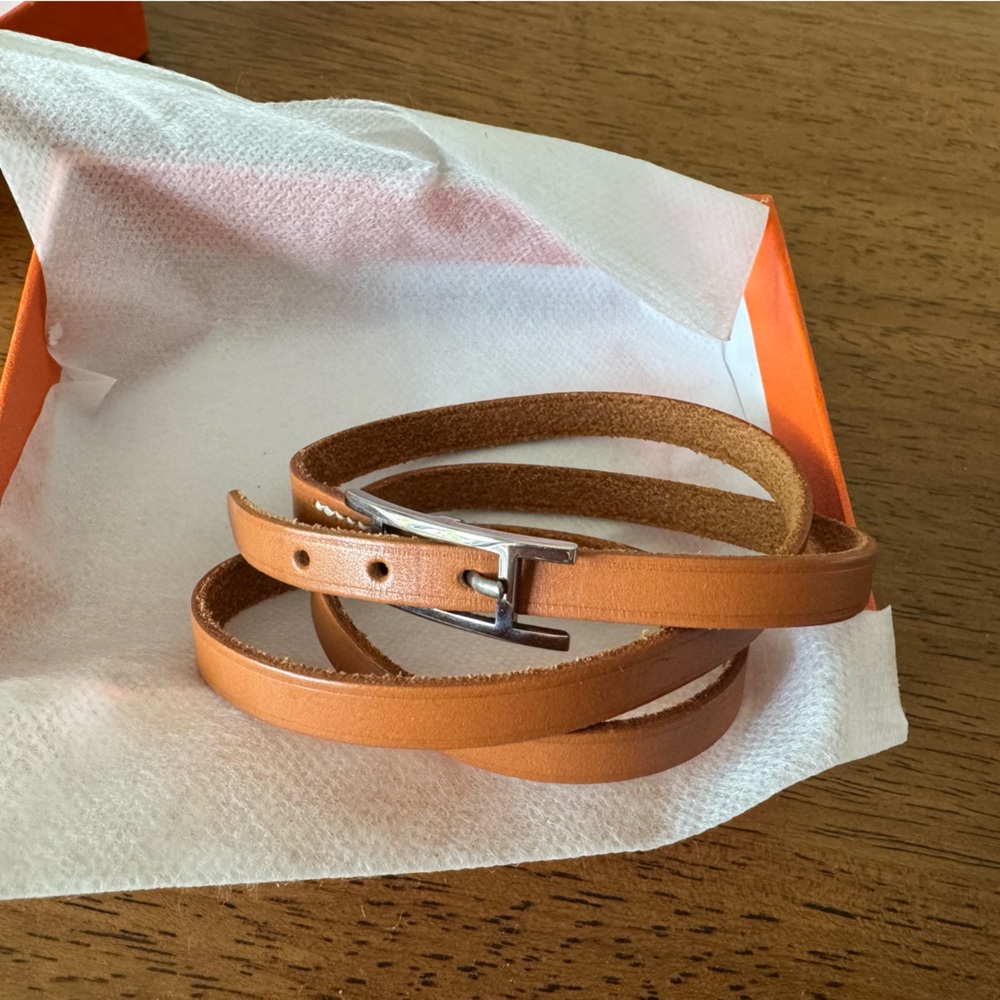 Hermes Unisex Brown Hapi Palladium H Wrap Bracelet with box